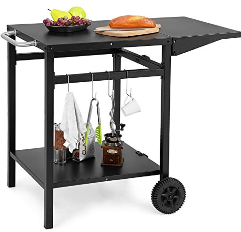 KOMFOTTEU Chariot pour Barbecue avec Plateau Pliable, 2 Étagères, Desserte de Jardin avec Porte-Serviettes et Crochets, Desserte d’Extérieur avec 2 roulettes, 96,5 x 64 x 75,5 cm, Noir