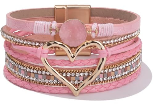 SIXDUTON Boho Armbänder Statement Armreifen für Damen, Bohemian Mehrschichtige Festival Accessoires Kleidung Vintage Schmuck für Frauen (Rosa)