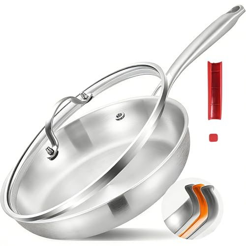 Inqibee 28 CM Tri-Ply Stainless Steel Frying Pan with Lid,Induction Cooking Pan,Detachable Large Ergonomic Handle and Oven Safe
