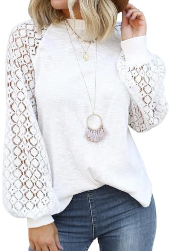 Zeagoo - Blusa elegante para mujer con mangas de encaje, cuello redondo, mangas abullonadas, manga larga, casual, raglán, con encaje, para otoño, blusa, camisa, túnica, top, Blanco, L