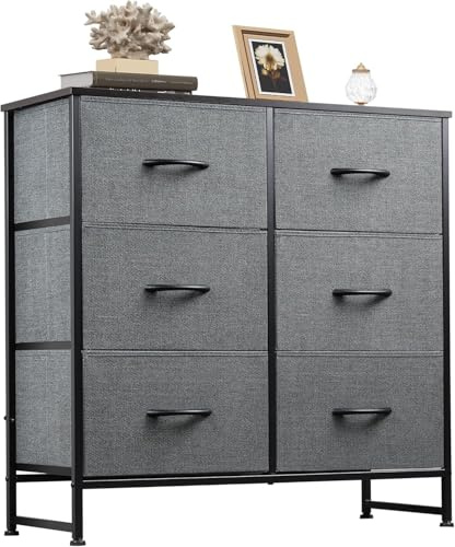 WLIVE Kommode mit Schubladen aus Stoff, Kommodenschrank für Schlafzimmer, Kommode Wohnzimmer, mit Stabiler Stahlrahmen(Dunkelgrau, 6 Schubladen)