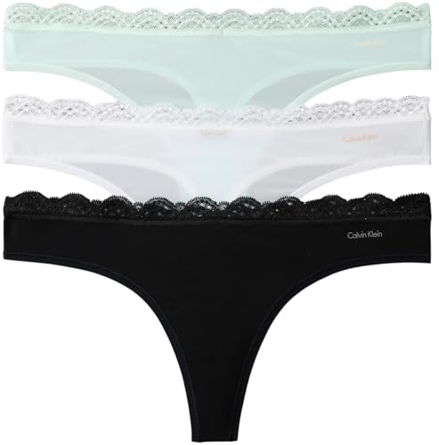 Calvin Klein Braguitas Tipo Tanga Mujer Pack de 3 con Encaje, Multicolor (Black/White/Moonlight Jade), S
