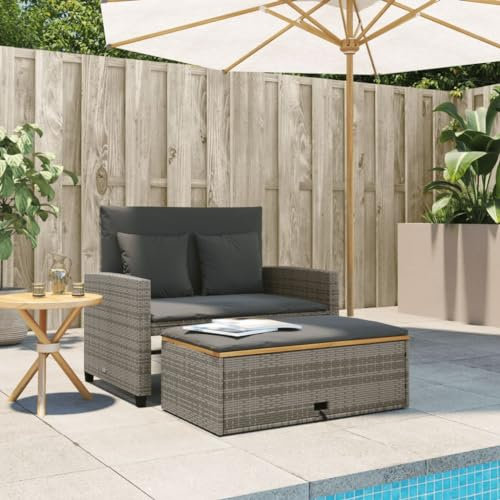 Homgoday Gartensofa mit Kissen 2-Sitzer Rattansofa Terrassensofa Lounge Sofa Fußhocker Sitzgruppe Gartenbank Bank Rattansofa Gartenmöbel Terrassenmöbel Grau Poly Rattan & Akazienholz
