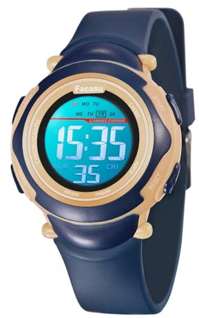 Facasu Orologio digitale bambini ragazze e ragazzi, impermeabile per bambini,luce colorata,per sport all'aria aperta,facile da leggere e regolare l'ora con allarme per bambini (Blu Scuro)