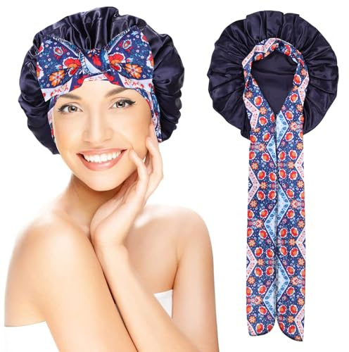 Bonnet en satin de soie pour dormir, bain et douche – Bonnet de cheveux avec bandeau à nouer pour femmes et filles avec cheveux longs et bouclés (bleu marine)