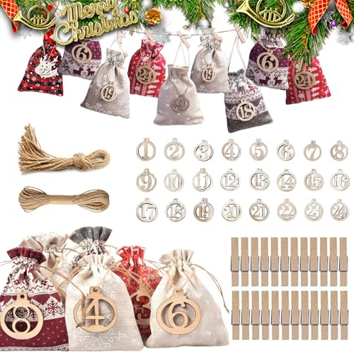 Machen Sie Ihre eigenen Adventskalendertüten 2024, 24 Tage Weihnachts-Countdown-Sackleinenbeutel mit Kordelzug und wiederverwendbaren Holzklammern und Hanfseil, hängende Geschenktüte für Erwachsene