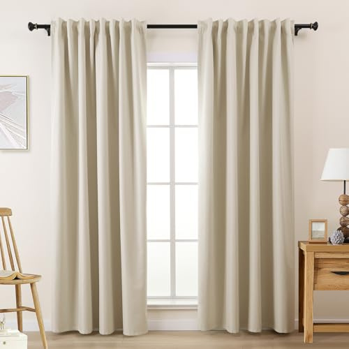 L.Z.E Vorhänge Verdunkelung Beige, Creme Abdunkelnde Gardinen Vorhang mit Kräuselband, Lichtundurchlässige Gardinenschal für Schlafzimmer und Wohnzimmer, 245 cm Lang, Schiene Schienensystem Geeignet