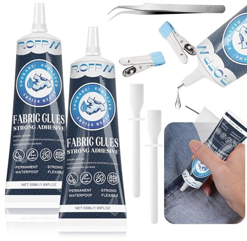 ROFPM Colla per Tessuti per Lavori Artigianali, 100ml Colla Tessuto Adesivo, Cucire, Liquida Trasparente, per Cotone, Flanella, Denim, Poliestere, Pelle