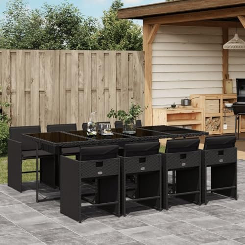 LAPOOH 9-TLG. Garten-Essgruppe mit Kissen Schwarz Poly Rattan, Esstisch Mit Stühlen Set, Gartenmöbel Sitzgruppe, Balkon Möbel, Gartenlounge Set, Terrassenmöbel, Balkonmöbel Set - 3211099