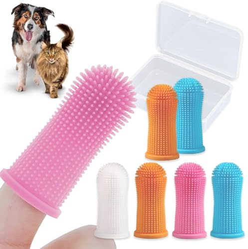 Aieino 6PCS Dog Toothbrush with Storage Box - Small Finger Cat Toothbrushes Soft Silicone Dental Care Kit for Dogs & Cats Teeth Cleaning Plaque Tartar, Flexible and Reusable(4 Colours)