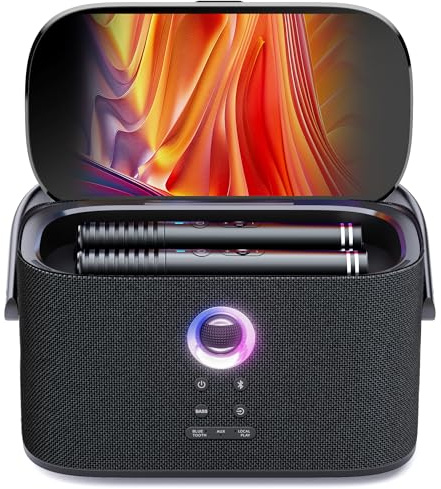Ikarao Karaoke Machine for Adults, with Lyrics Display Screen, 2 Self-Charging Wireless Microphones, Autotune & EQ, 140W Speaker, Connect TV, Portable Karaoke System for Home, Family, Party, Travel