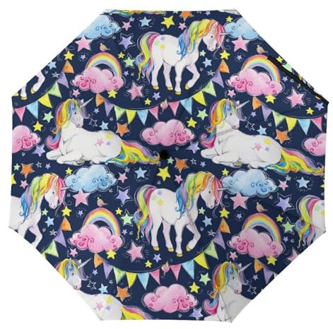 YBQLNP Kompakter Reise Regenschirm Regenbogen Einhorn Taschenschirm Automatisch Auf Und Zu Faltbarer Sonnenschirm