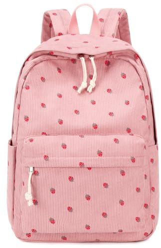 LOIDOU Schulrucksack Mädchen & Jungen Teenageralter Leichter Rucksack Damen für Schule Wasserabweisend Daypack Bookbag Colleg Work (Strawberry rosa Cord)