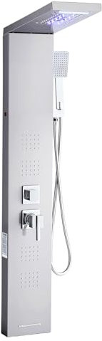 VEVOR Pannello Doccia con Sistema a Torre con Soffione a Cascata, LED, Colonna Doccia in Acciaio Inox Spazzolato da 1345 mm Rubinetto a 5 Funzioni, con Doccetta e Beccuccio per Vasca