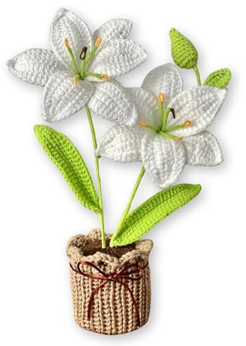 Flor de Lirio de Crochet para el Día de la Madre – 2 Flores Blancas con Hojas Verdes en Maceta Tejida – Regalo Artesanal y Decorativo
