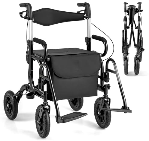 HOMASIS 2 in 1 Rollstuhl Rollator faltbar & leicht mit Sitz, Gehhilfe 6-fach höhenverstellbar, bis 140 kg, Alu Gehwagen mit Luftbereifung, Reiserollator Laufhilfe mit Stockhalter & Tasche (Schwarz)