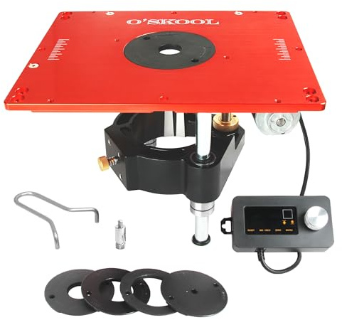 O'SKOOL Élévateur motorisé pour routeurs de 8,9 cm, compatible avec les tables Bosch RA1181 RA1171, contrôleur numérique, 5 anneaux d'insertion, micro-réglage, plaque en aluminium CNC