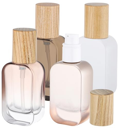 Segbeauty Flacons de Voyage 30ml, 4 Pièces Flacon Pompe Verre, Portable et Réutilisable, Petite Bouteille avec Couvercle en Bois pour Cosmétiques
