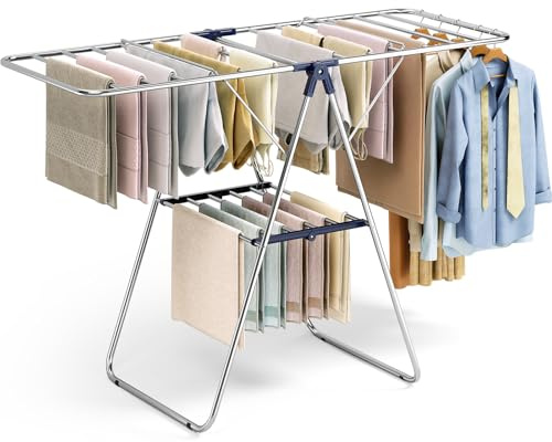 KINGBOARD Clothes Drying Rack,Stainless Steel Laundry Drying Rack with Height-Adjustable, Foldable Gullwing for Easy Storage, No Assembly, Indoor Outdoor Use, 56.4 D x 21.6 W x 39.3 H, Blue