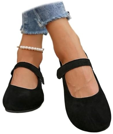 Orthopedic Suede Ballet Mary Jane Flats for Women, Comfortable Round Toe Women's Flat Shoes, Slip On Casual Shoes (Black,39EU)