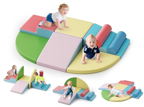 Brolteja Set softplay per bambini da 1 a 3 anni, torre da arrampicata con scivolo, grandi mattoncini per bambini (colore maccherone-8 pelle)