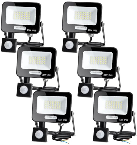 Aigostar- 20W Foco LED con Sensor Movimiento, Super Brillo Focos Exterior, 1650LM, Blanco Frío 6500K, IP65 Impermeable, Proyector LED Exterior, Perfectas para Jardín, Garaje, Patio, Paquete de 6