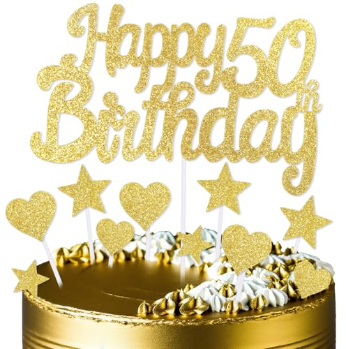 mciskin Gold 50th Birthday Cake Toppers,50th Birthday Decorations for Men Women,Gold Cake Decorations,Personalised Cupcake Toppers with Heart Star for Girl Boy Women Men Birthday Party Supplies