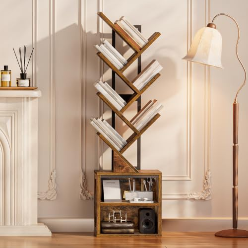 RALGEND Bücherregal Baumform, Standregal 9 Ebenen, CD DVD Regal | Metallgestell, Eckregal platzsparend, Bücherturm Freistehend für Wohnzimmer, Schlafzimmer, Büro, Bücherzimmer, Vintagebraun
