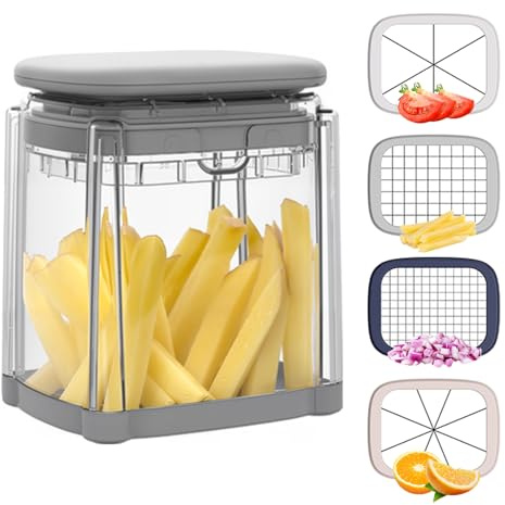 4-in-1 Potato Chipper & Cutter with 4 Blades, French Fry Cutter for Potatoes, Manual Food Dicer Slicer for Wedge, Straight, Wavy Fries, Vegetable Fruit Chopper for Carrot Apple Onion