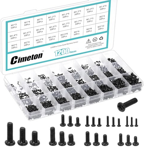Cimeton 1200PCS Phillips Pan Head Small Machine Screws Assortment Kit M1-M3 Cross Round Head Screws Bolts Pan Head Machine Screw for Eyeglasses Watches Clocks Mobile Phone 24 Sizes Black