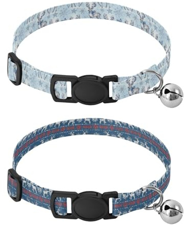 Juego de 2 collares para perros pequeños con hebilla de liberación para perros hembras y machos, patrón de reno azul de Navidad con copos de nieve y acebo de Navidad, azul, rojo, blanco
