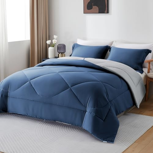 beeweed Coverless Duvet Double 10.5 Tog 200x200cm, Navy & Light Grey, Lightweight Quilt Set with 2 Zipper Pillowcases, Soft Microfiber Cosy Comforter for All Seasons, Machine Washable