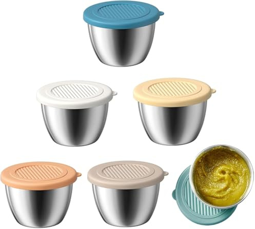 Generisch 6er Set Edelstahl Dipschalen, Mini Dose Mit Deckel - 80ml Salatdressing BehäLter für Saucen, Dip, Snacks & Kräuter (Reisefreundlich)