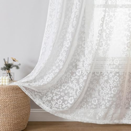 Weiße Blumen Gardinen mit Ösen, 2er Set halbtransparente Spitzenoptik Stores mit kleinem Blumenmuster, H 245 x B 140 cm, lichtdurchlässige Vintage Fensterdeko für Mädchenzimmer Babyzimmer Hochzeit