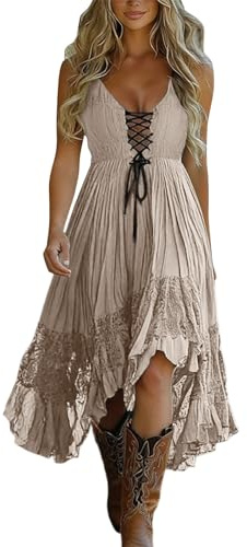 Country Western stil damklänning axelbandsklänning snörning fram spetsklänning bohemisk enfärgad maxiklänningar spagettiremmar ärmlös V-ringad vokuhila klänningar veckad volangklänning