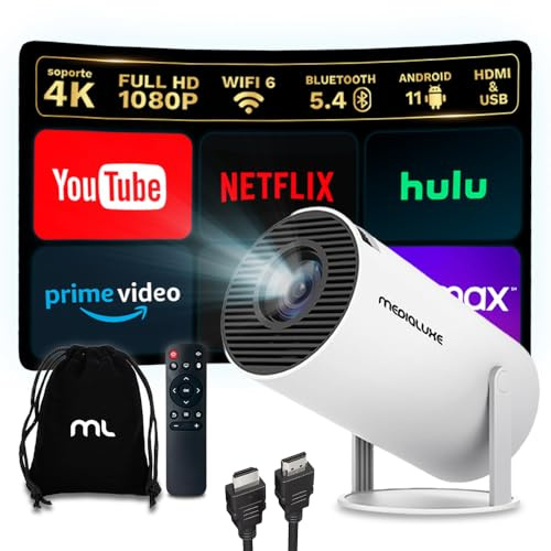 [App Integrada] 2026 Actualizado Proyector Portátil 1920x1080P 4K Soporte Dual Control WiFi 6 BT5.4 180° Rotacion Compatible con HDMI/TV Stick/USB/Laptop, Blanco | HDMI + Bolsa Transporte Incluido