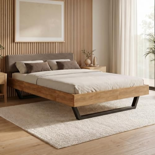 skølm Alver Massivholzbett Eiche 140x200cm Natur, Bettkopf Cord Dunkelbraun | Bettgestell stabil aus Massivholz, Holzbett mit schwarzen Metallkufen,hochwertiges Bett, Bettrahmen geeignet als Doppelbett