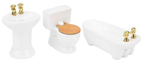 Eleage 1/24 Dollhouse Badrumsset Charmigt Keramiskt Badkar Toaletthandfat för Miniatyrlekrum (Ren vit)