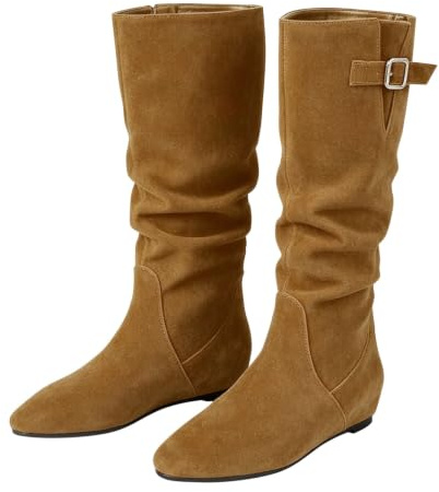 Slouchy Mid Vad-stövlar för kvinnor platt mocka look spänne vardagsskor, Khaki, 39 EU | Slouchy Mid Vad-stövlar för kvinnor med spänndetalj för vardaglig användning erbjuder bekväm platt sula design