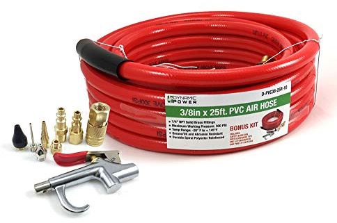 DYNAMIC POWER 3/8 x 25 FT PVC Air Compressor Hose + 10 Pieces Air Compressor Accessories Kit