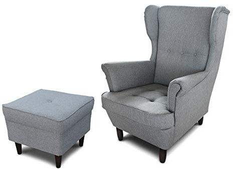 Ohrensessel Sessel King - Lounge Sessel mit Armlehnen - Retro Stuhl aus Stoff mit Holz Füßen - Polsterstuhl für Esszimmer & Wohnzimmer (Grau (Inari 91), mit Hocker)