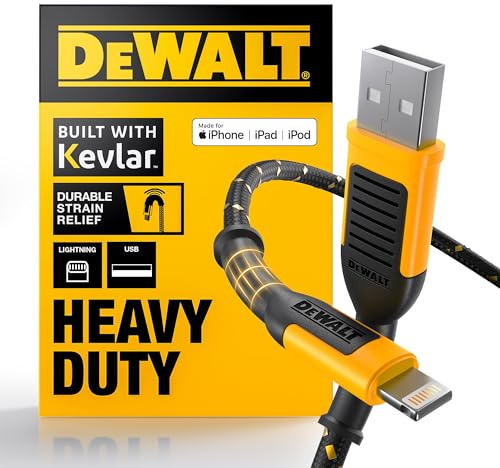 DEWALT Heavy Duty USB A to Lightning Cable [Apple MFi Certified] Durable iPhone Charger, Lightning Cables, Fast Charging iPhone Charger Cord Compatible w/iPhones 14/13/12/11 Pro Max iPad AirPods, 6FT