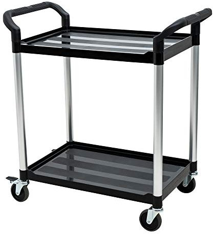 STIER Servierwagen, mit 2 Etagen, Schiebegriffe auf beiden Seiten, LxBxH 860x480x930 mm, Tragfähigkeit 150 kg, 4 Lenkrollen, 2 Davon feststellbar, Etagenwagen, Schiebewagen, schwarz