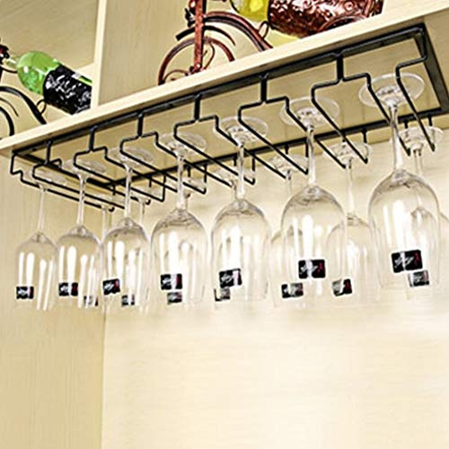 Warmiehomy Hanging Wine Glass Rack, Under Cabinet Stemware Rack Under Shelf Cabinet for Bars Kitchen Metal Black Champagne Glass Goblets Stemware Rack Holder (30x22.5/3 slots)