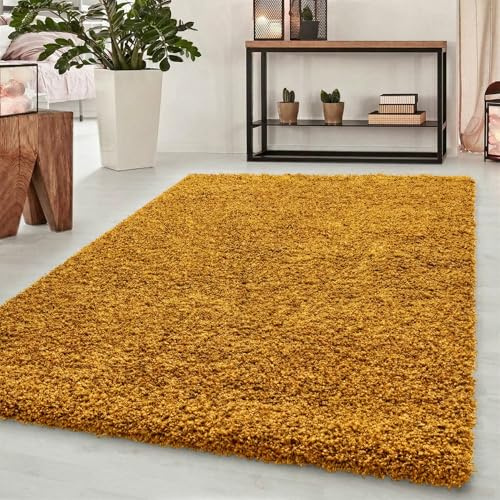 Oxford Plain Soft Thick Shaggy Living Room Area Rug, Gold, 80x150cm