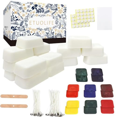 ETUOLIFE Kit per Candele Fai-da-Te Adatto per Principianti Adesivi in Lattine di Cera di Soia Naturale Avanzata con Wick Dye