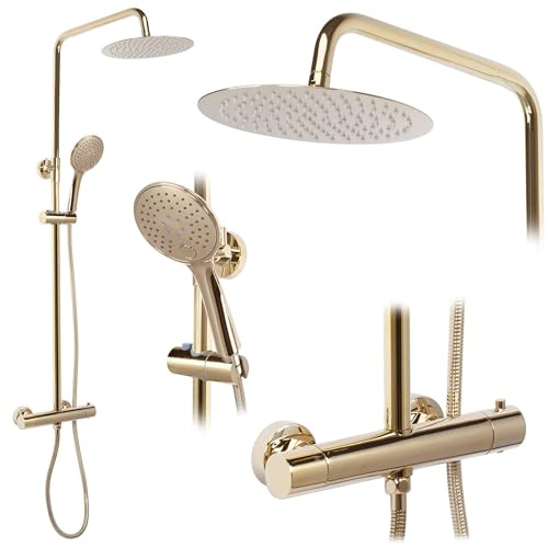 Rea Duschsystem Vincent Gold Duschset Duscharmatur mit Duschkopf und Kopfbrause aus Messing Duschgarnitur für Badezimmer (Gold)