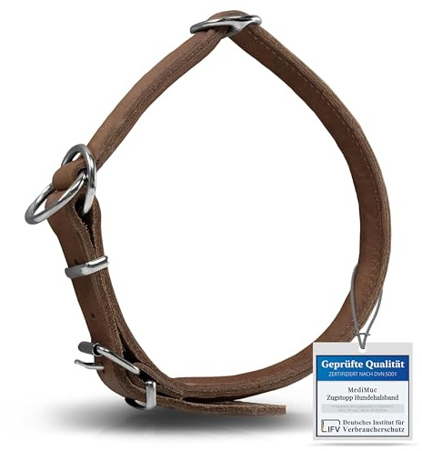 Rund & Weich - Zugstopp Hundehalsband Braun XXL - 65cm Lederhalsband mit Zugbegrenzung und Verstellbarer Schnalle, Dressurhalsung, Zugstopper, robust, Rindsleder