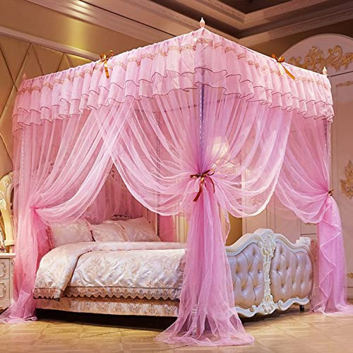 DUXY Moskitonetz, Luxus Prinzessin Betthimmel mit Edelstahlhalterung, Betthimmel mit 4 Eckpfosten 3 Seitenöffnungen, für Mädchen Kinderbett Kinder Erwachsene, Bettwäsche Dekor,Rosa,120x200cm