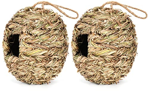 JAWSEU Gras Bird Nest, 2 Pack Vogelhäus zum Aufhängen, Vogelnest Gras Handgewebte Vogelhäuser, Wildvogelnest für den Außenbereich, Nistkästen für Kleine Vögel wie Kolibris, Spatzen und Titten